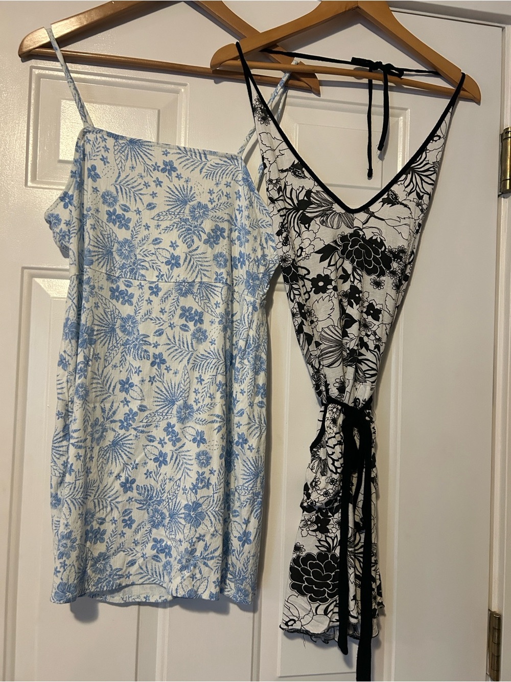 2 for $20! Blue Floral Slip Dress & Black-White Floral Wrap Dress Set